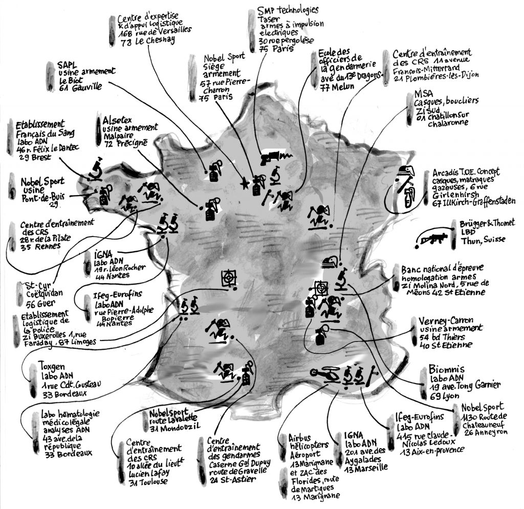 Carte des fabricants et laboratoires de l'arsenal policier (cliquer sur la carte pour l'agrandir)